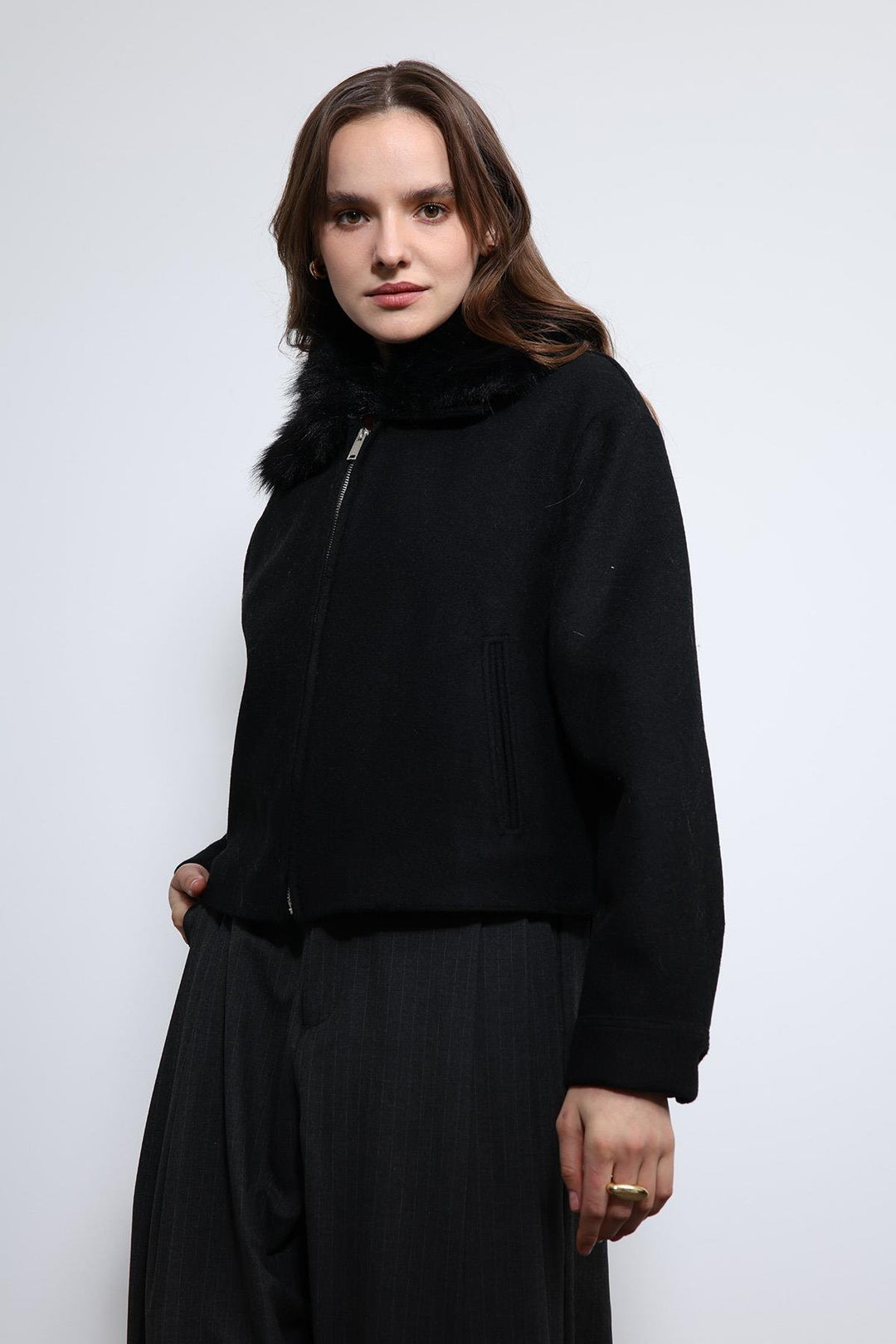 ANT Antioch Black Wool Blend Faux Fur Collar Jacket - Khartsyzk