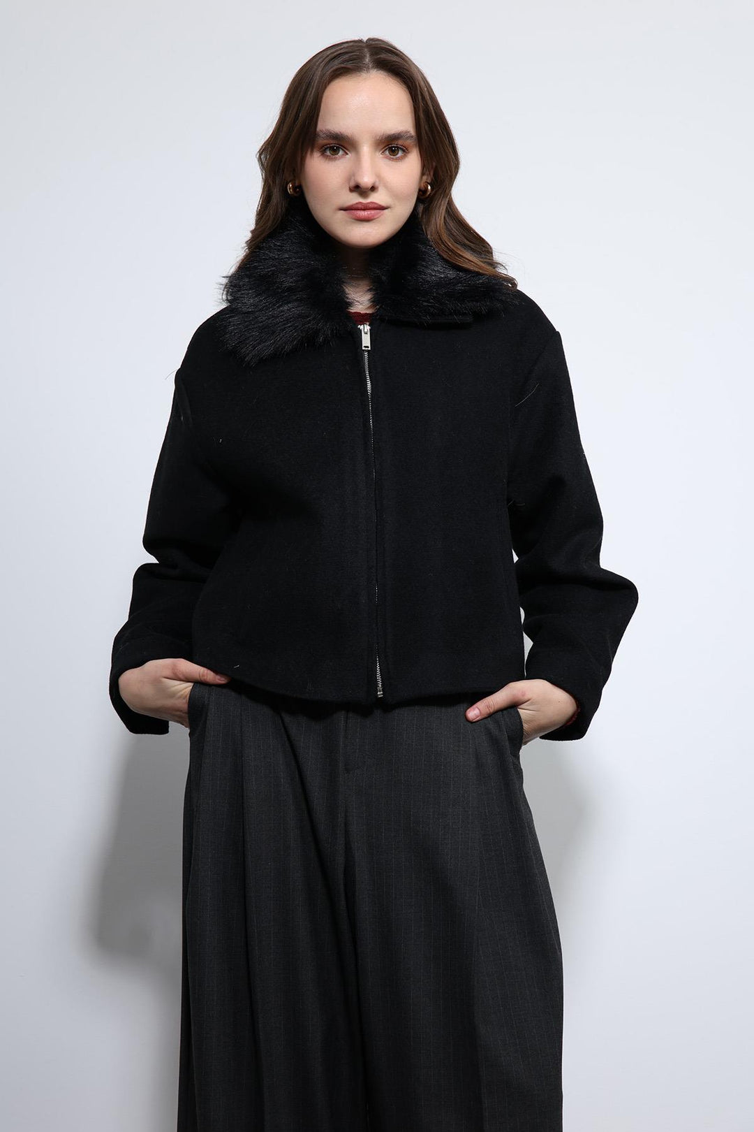 ANT Antioch Black Wool Blend Faux Fur Collar Jacket - Khartsyzk