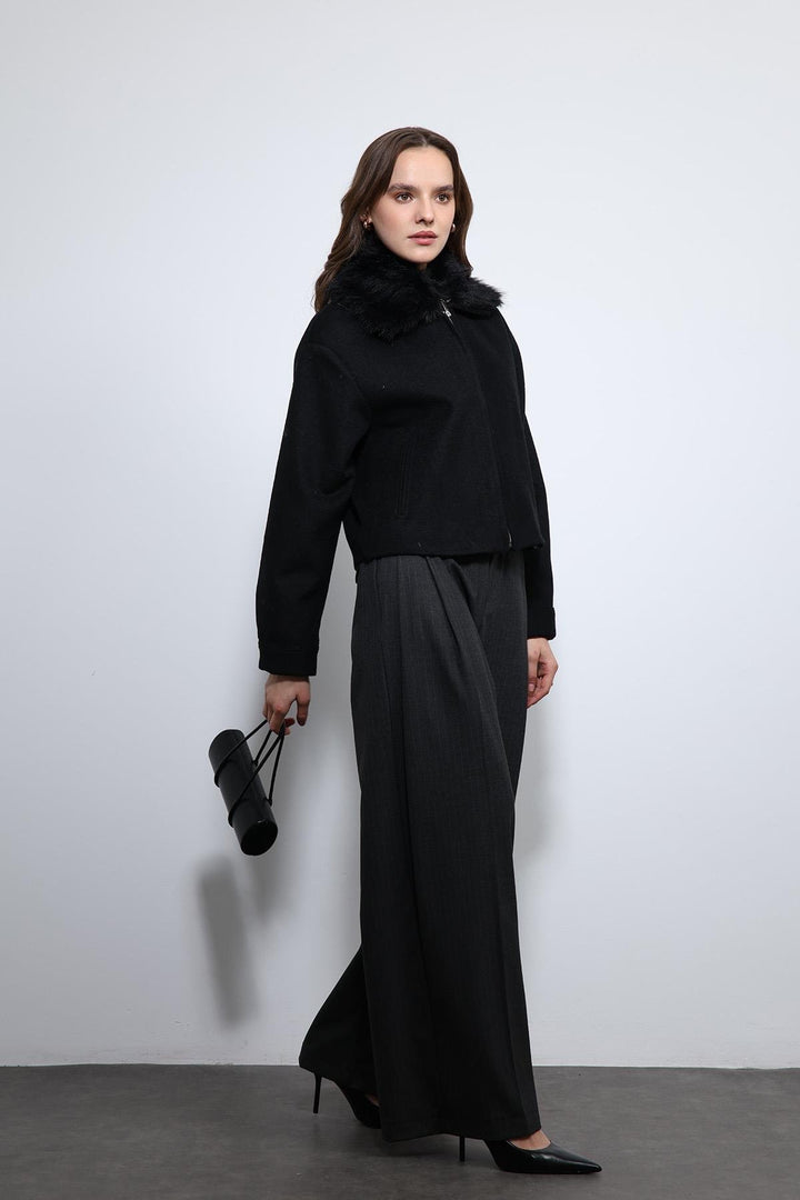 ANT Antioch Black Wool Blend Faux Fur Collar Jacket - Khartsyzk