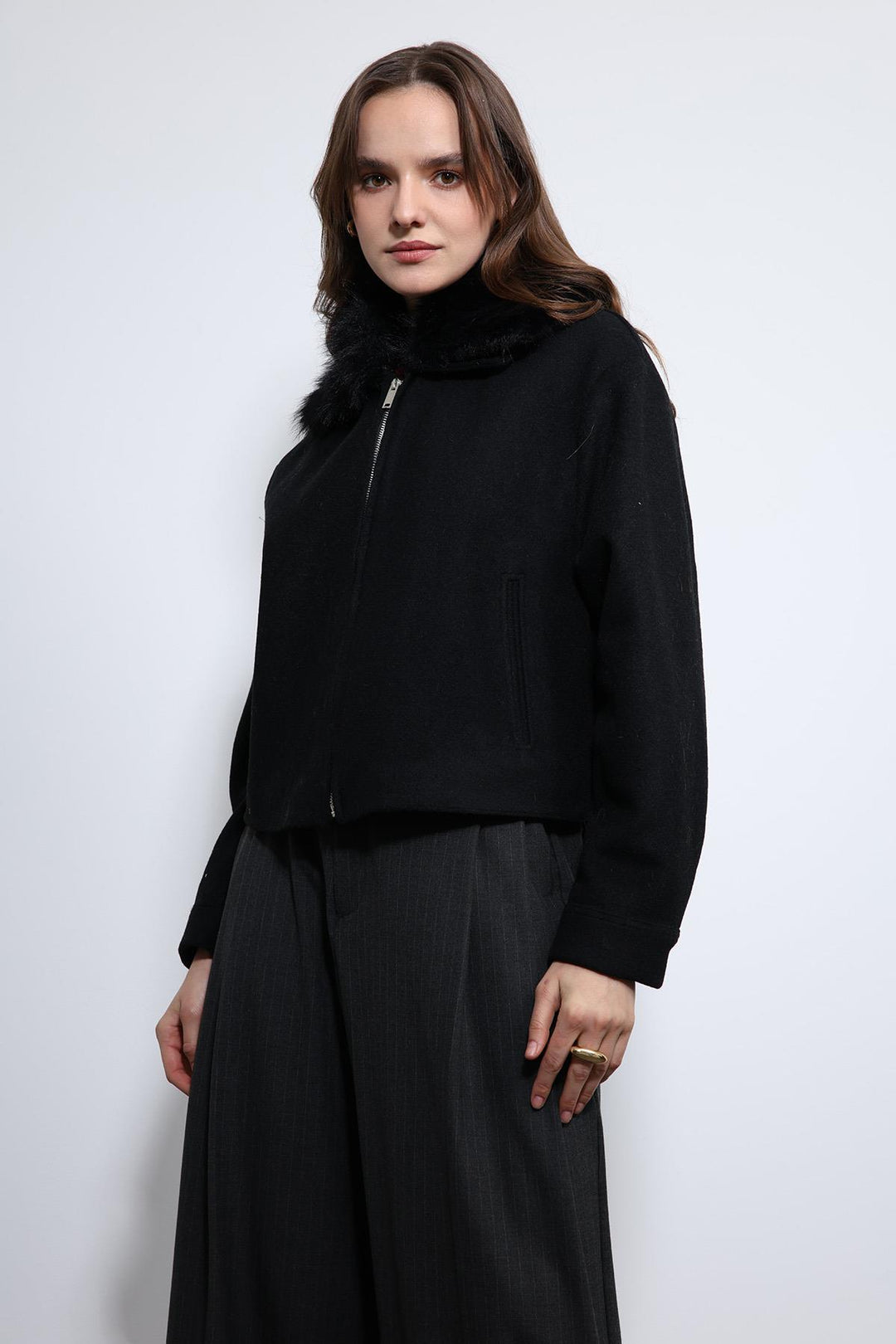 ANT Antioch Black Wool Blend Faux Fur Collar Jacket - Khartsyzk