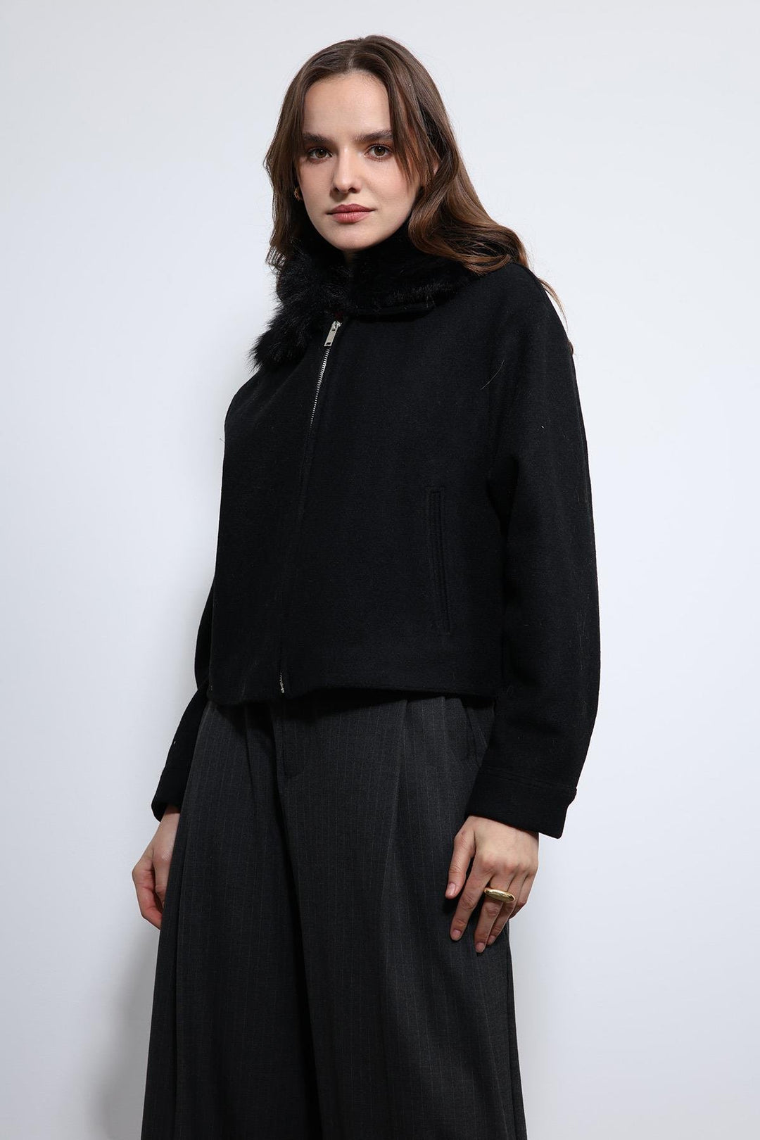 ANT Antioch Black Wool Blend Faux Fur Collar Jacket - Khartsyzk