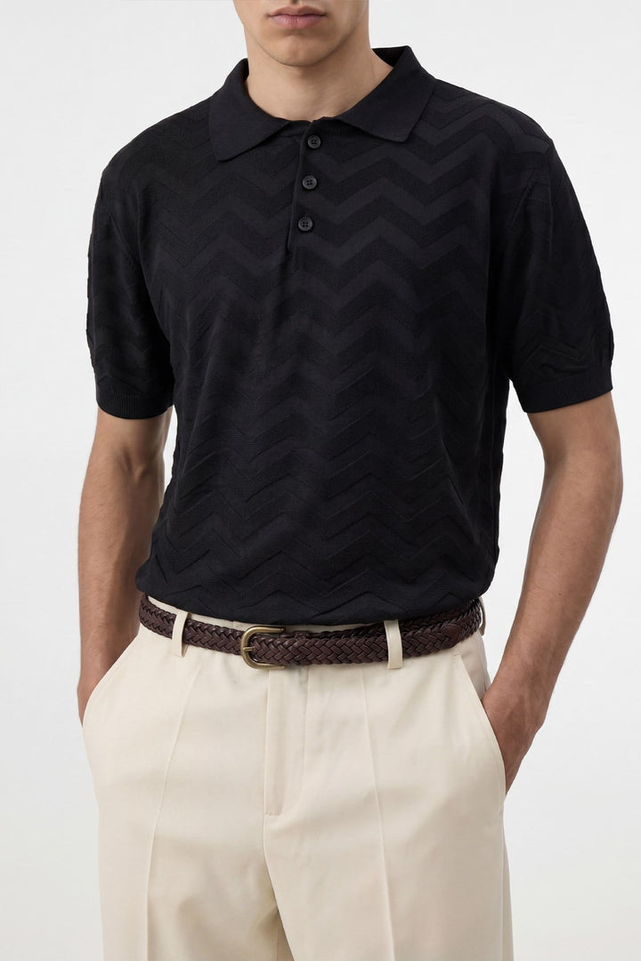 ANT Antioch Siyah Zigzag Desenli Polo Yaka Triko Erkek T-Shirt - Urbandale