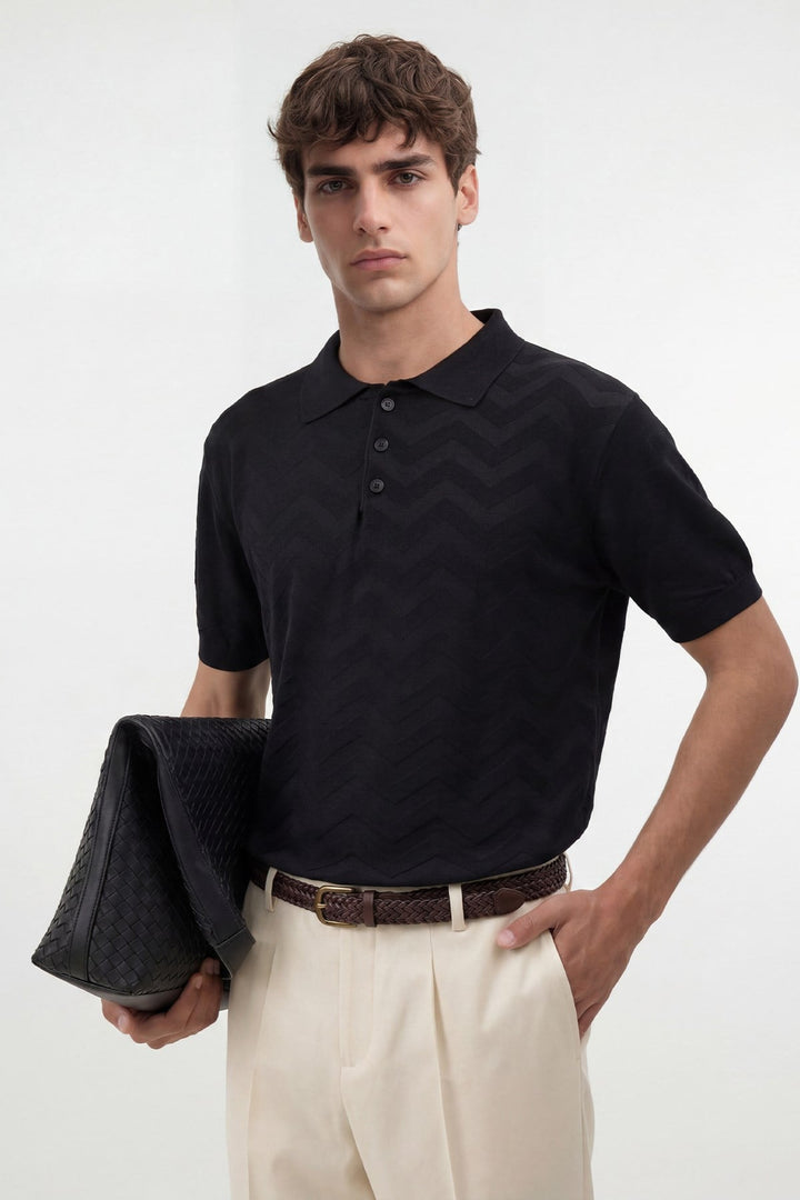 ANT Antioch Siyah Zigzag Desenli Polo Yaka Triko Erkek T-Shirt - Urbandale