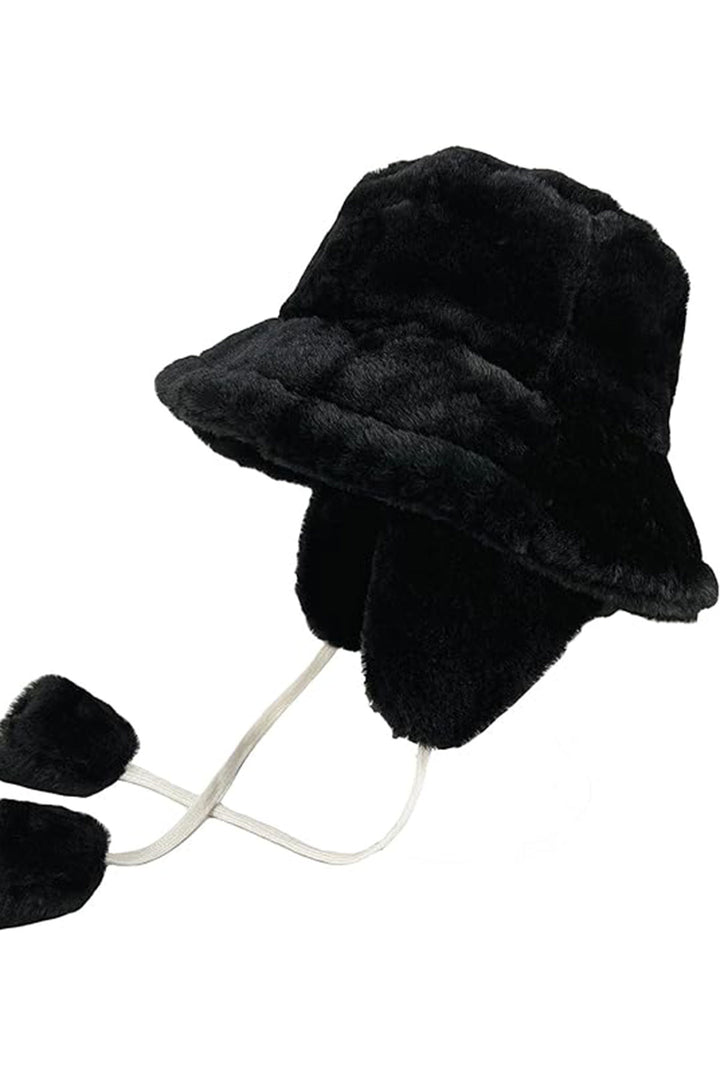 Black Plush Pilot Hat Beanie with String BCNSV-25WT1085 - Blois