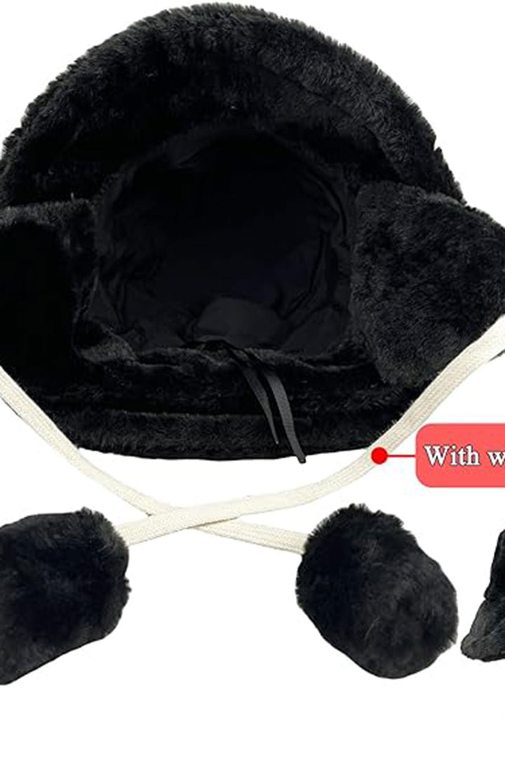 Black Plush Pilot Hat Beanie with String BCNSV-25WT1085 - Blois