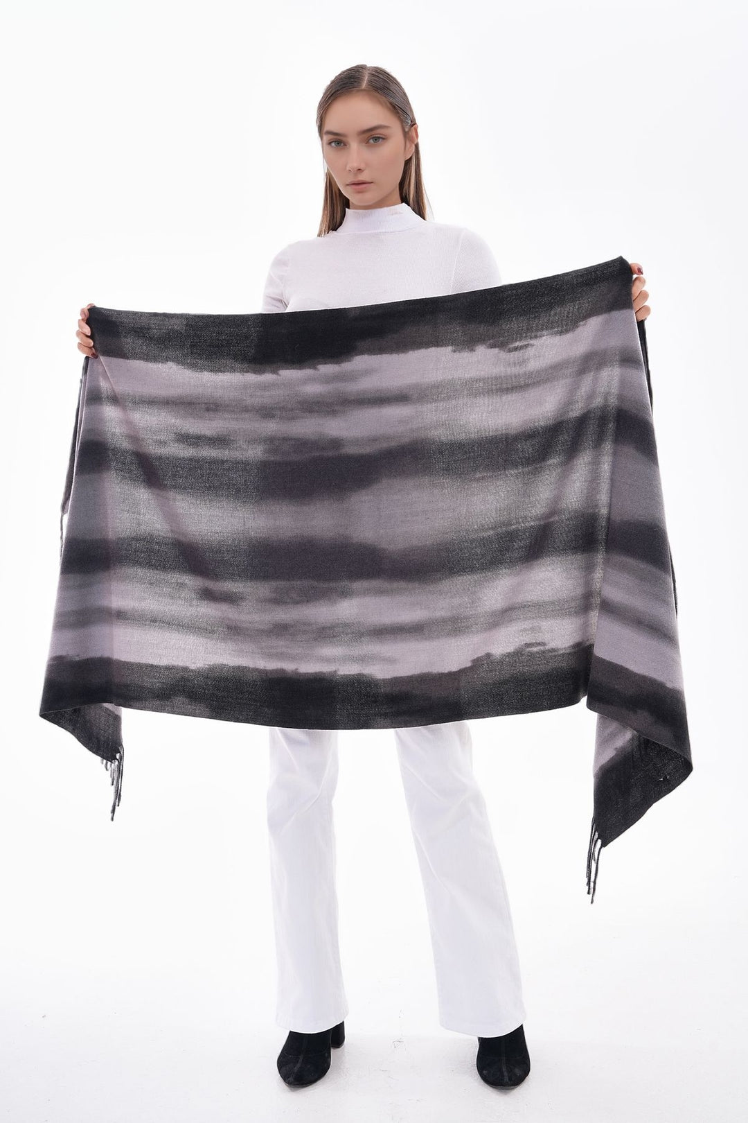 Black 3 Stripe Transition Fringed Shawl BCNSV-25WT1041 - Egypt Lake-Leto