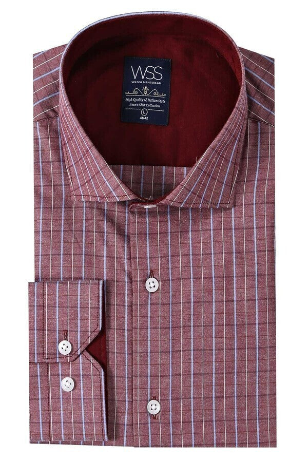 WSS Slim-Fit Burgundy Plaid Shirt  - Huber Heights