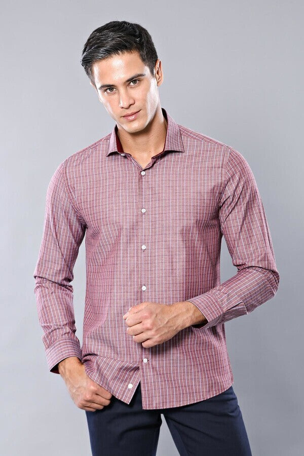 WSS Slim-Fit Burgundy Plaid Shirt  - Huber Heights
