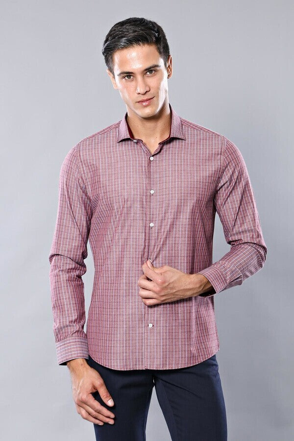 WSS Slim-Fit Burgundy Plaid Shirt  - Huber Heights