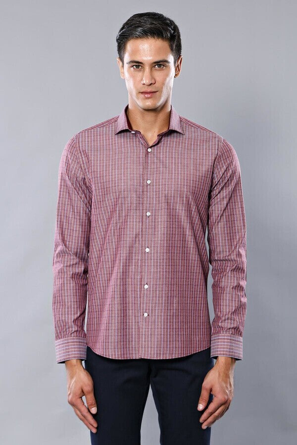 WSS Slim-Fit Burgundy Plaid Shirt  - Huber Heights