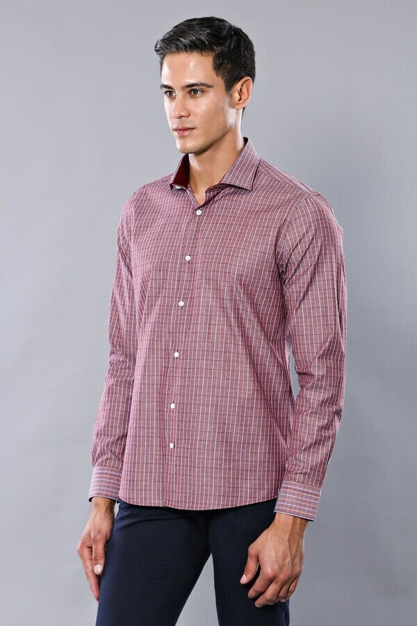 WSS Slim-Fit Burgundy Plaid Shirt  - Huber Heights
