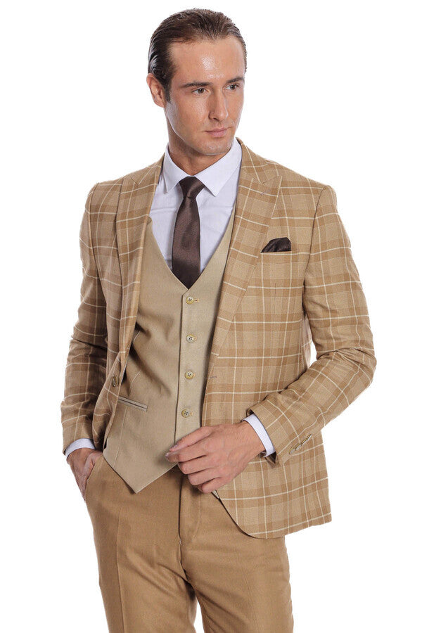 WSS Slim Fit Checked Beige Men Suit  - Kaneohe
