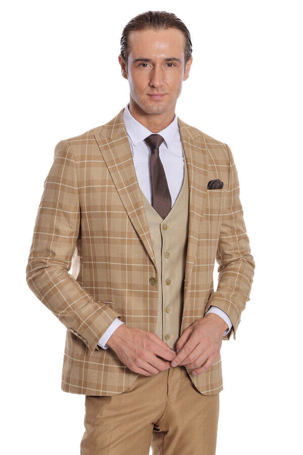 WSS Slim Fit Checked Beige Men Suit  - Kaneohe
