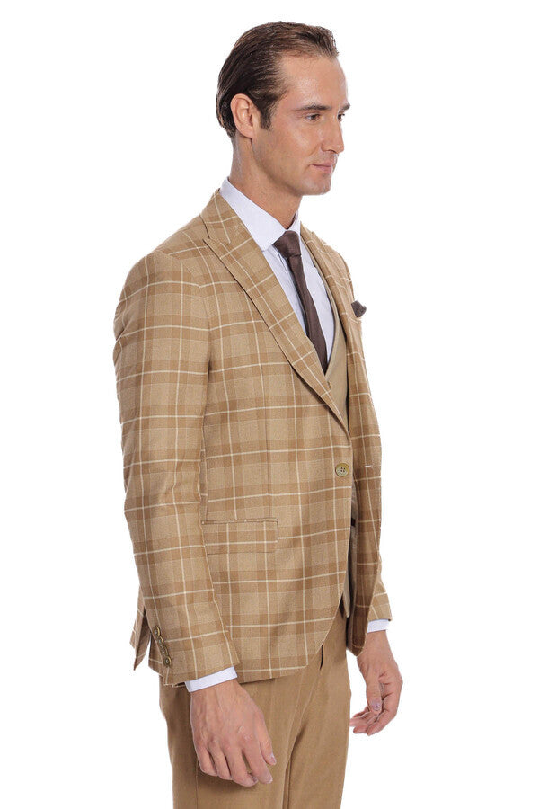 WSS Slim Fit Checked Beige Men Suit  - Kaneohe