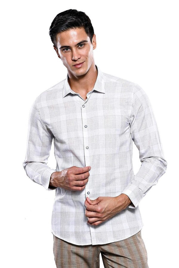 WSS Slim Fit Checked Beige Shirt  - Parsippany-Troy Hills