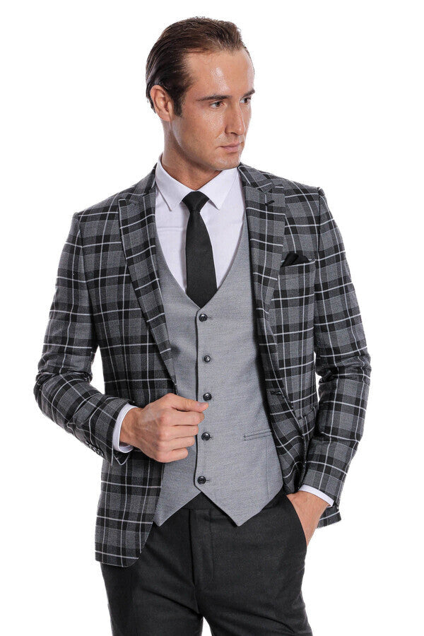 WSS Slim Fit Checked Black Men Suit  - Herten