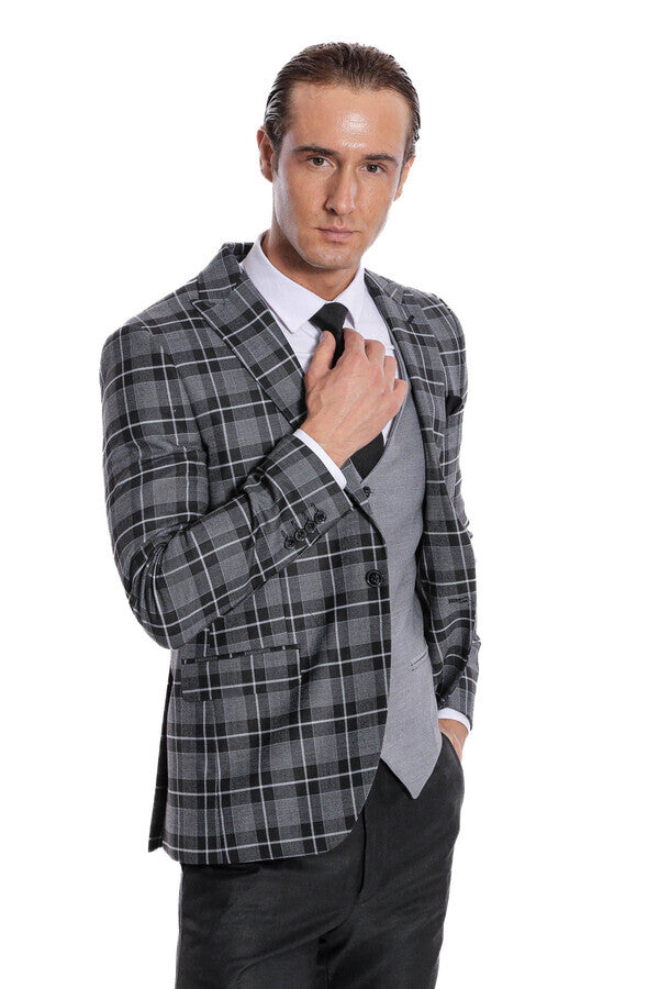 WSS Slim Fit Checked Black Men Suit  - Herten