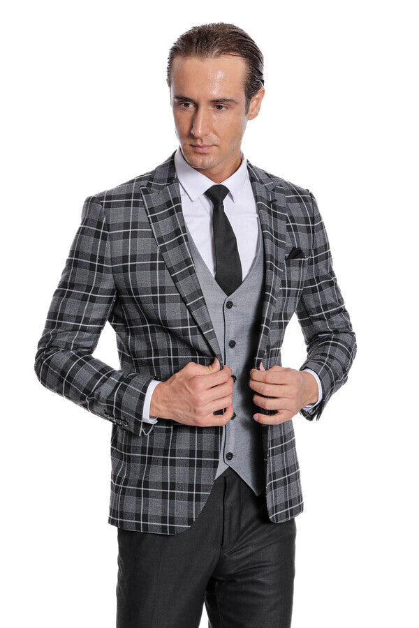WSS Slim Fit Checked Black Men Suit  - Herten