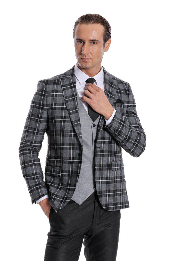 WSS Slim Fit Checked Black Men Suit  - Herten