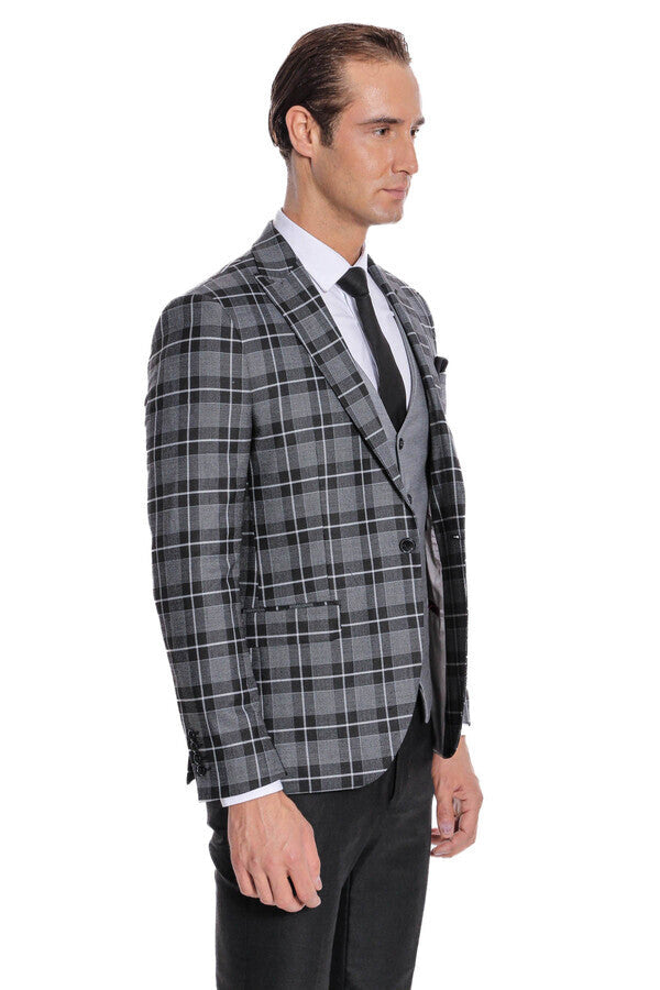 WSS Slim Fit Checked Black Men Suit  - Herten