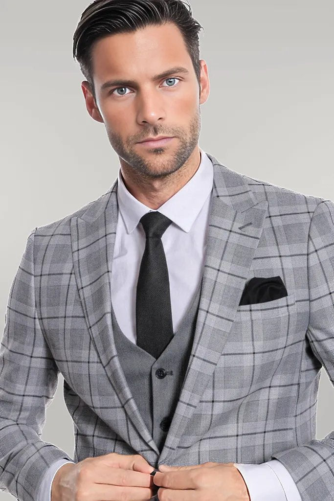 WSS Slim Fit Checked Grey Men Suit  - Singen
