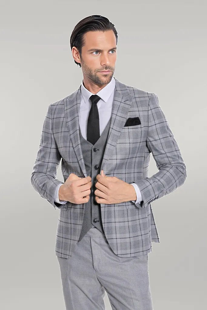 WSS Slim Fit Checked Grey Men Suit  - Singen