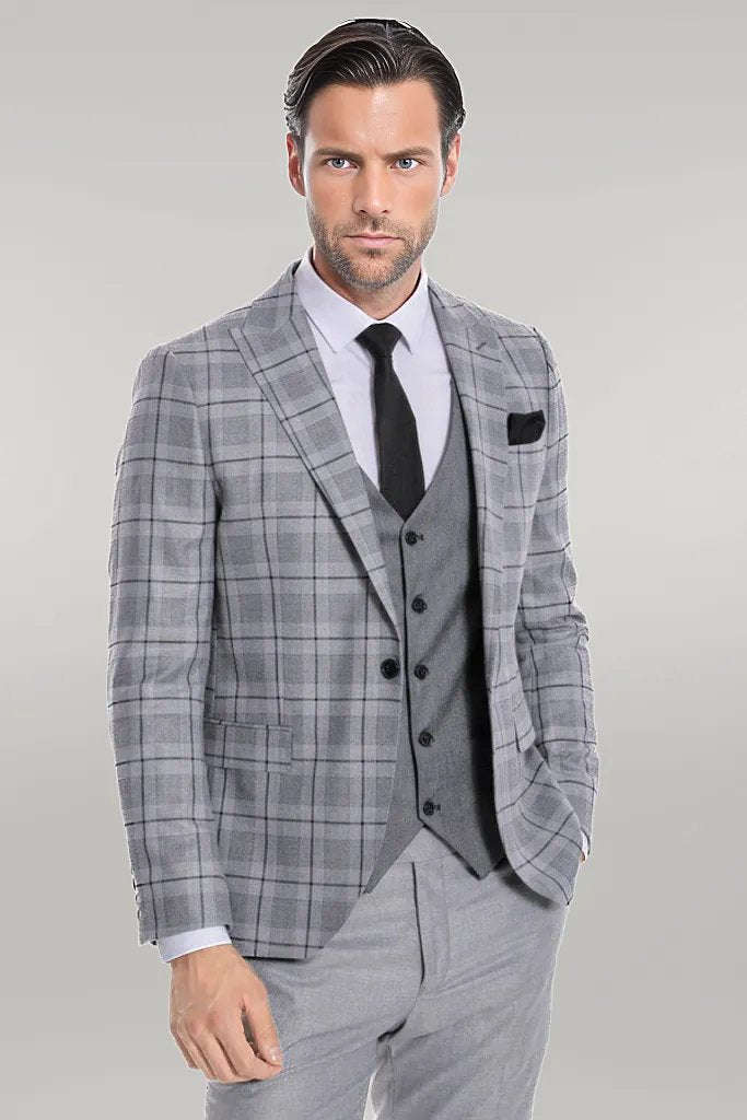 WSS Slim Fit Checked Grey Men Suit  - Singen