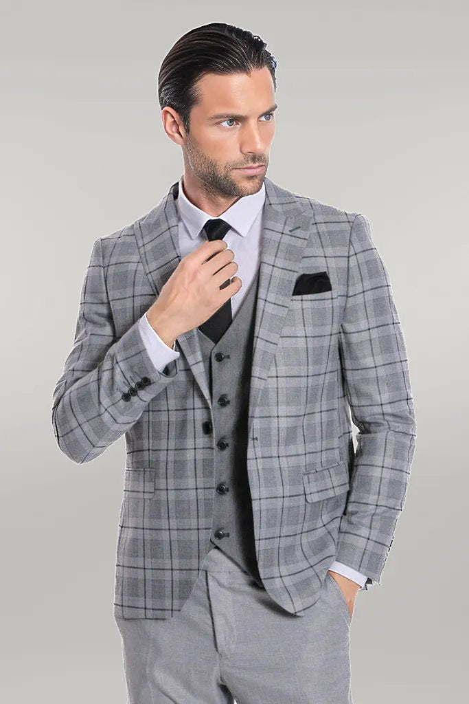 WSS Slim Fit Checked Grey Men Suit  - Singen