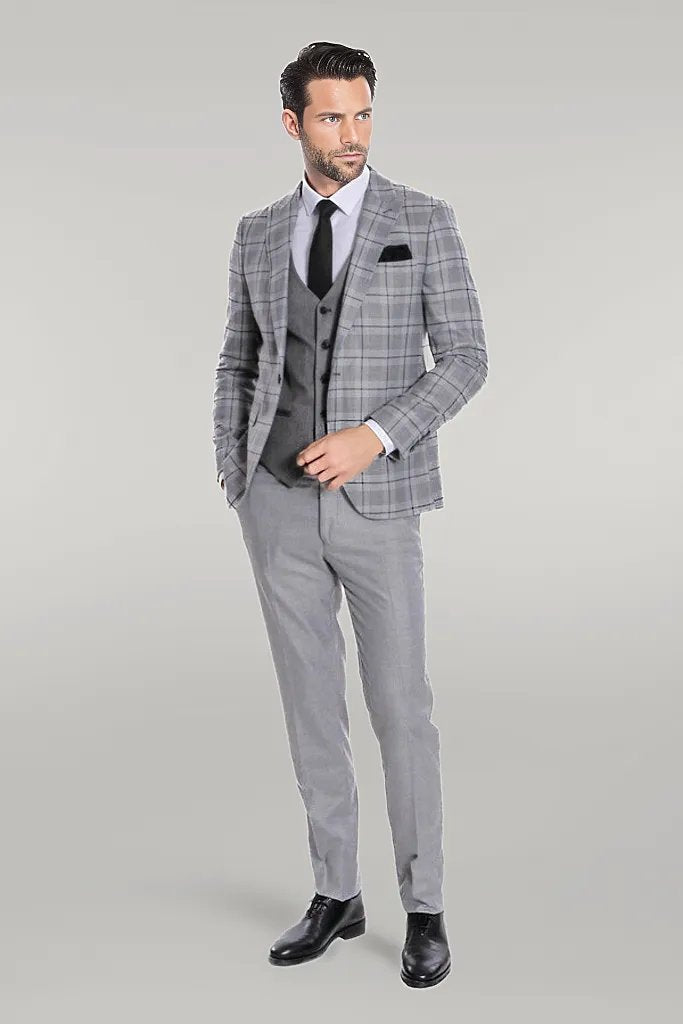 WSS Slim Fit Checked Grey Men Suit  - Singen