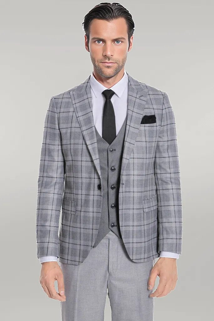 WSS Slim Fit Checked Grey Men Suit  - Singen