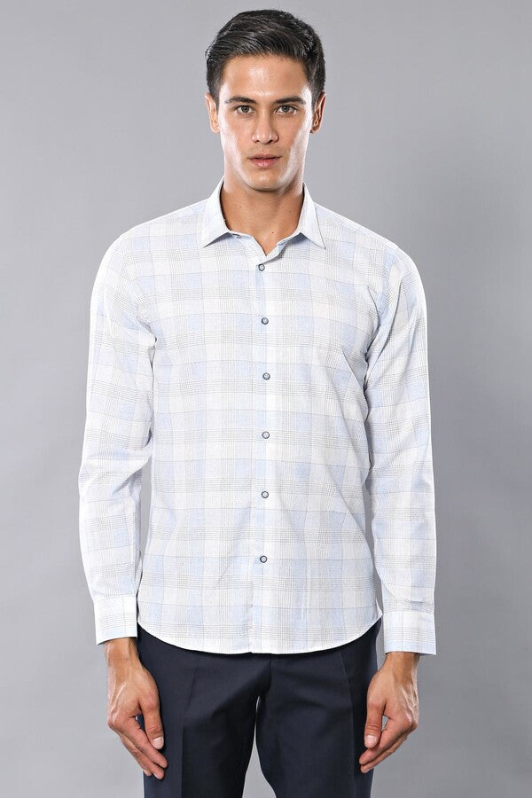 WSS Slim Fit Checked Ice Blue Shirt  - Smyrna