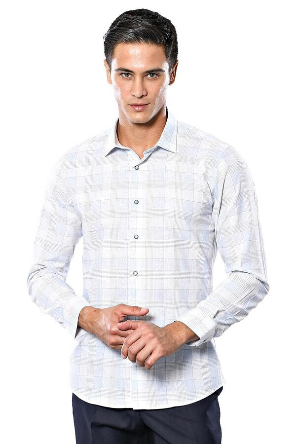WSS Slim Fit Checked Ice Blue Shirt  - Smyrna