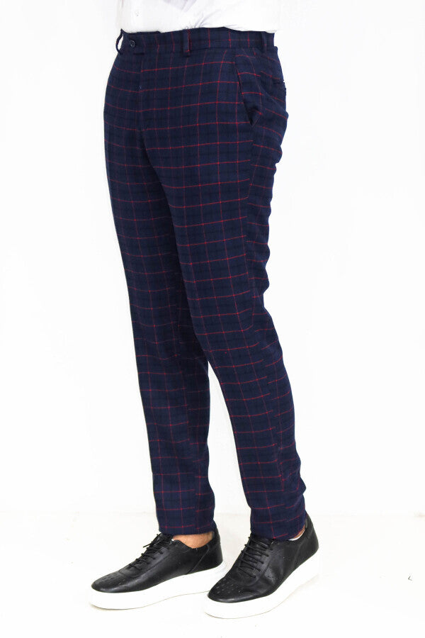 WSS Slim Fit Checked Navy Blue Men Pants  - Noisy-le-Sec