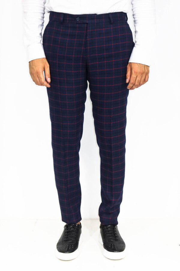 WSS Slim Fit Checked Navy Blue Men Pants  - Noisy-le-Sec