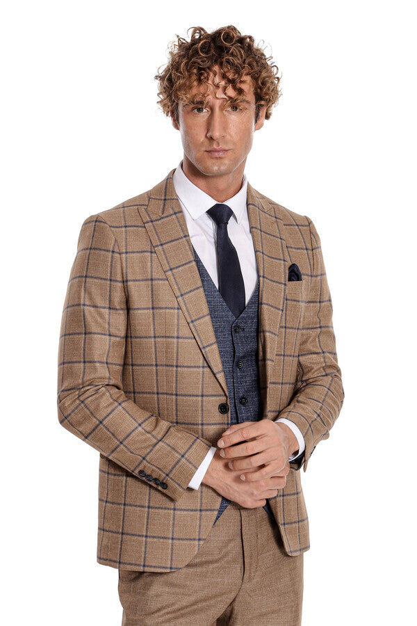 WSS Slim Fit Checked Patterned Brown Men Suit  - Palm Desert