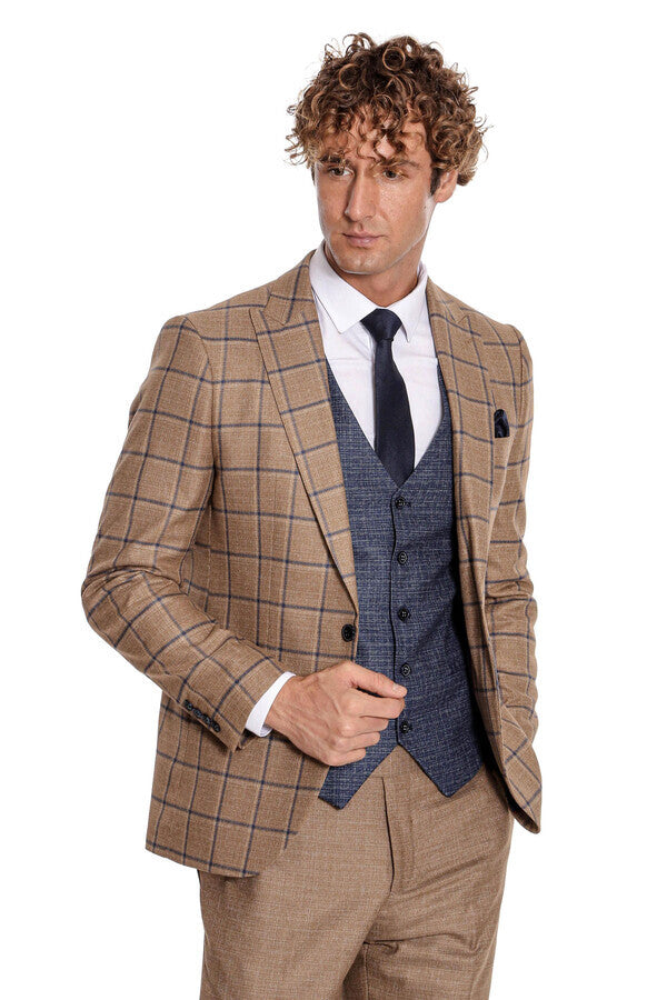 WSS Slim Fit Checked Patterned Brown Men Suit  - Palm Desert
