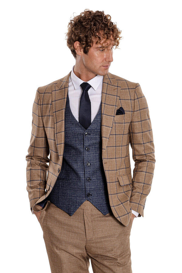 WSS Slim Fit Checked Patterned Brown Men Suit  - Palm Desert