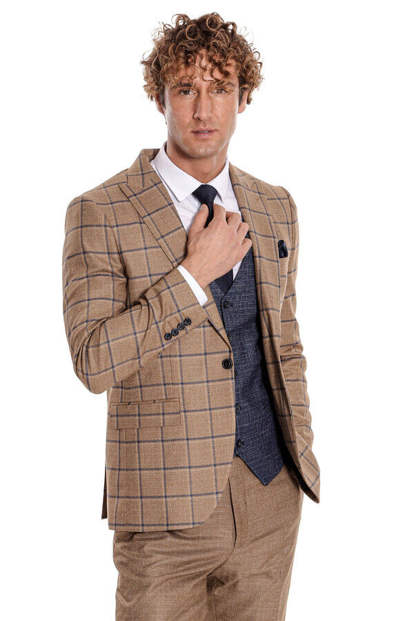 WSS Slim Fit Checked Patterned Brown Men Suit  - Palm Desert