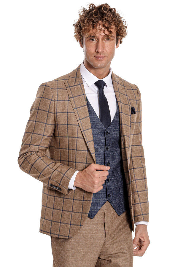 WSS Slim Fit Checked Patterned Brown Men Suit  - Palm Desert