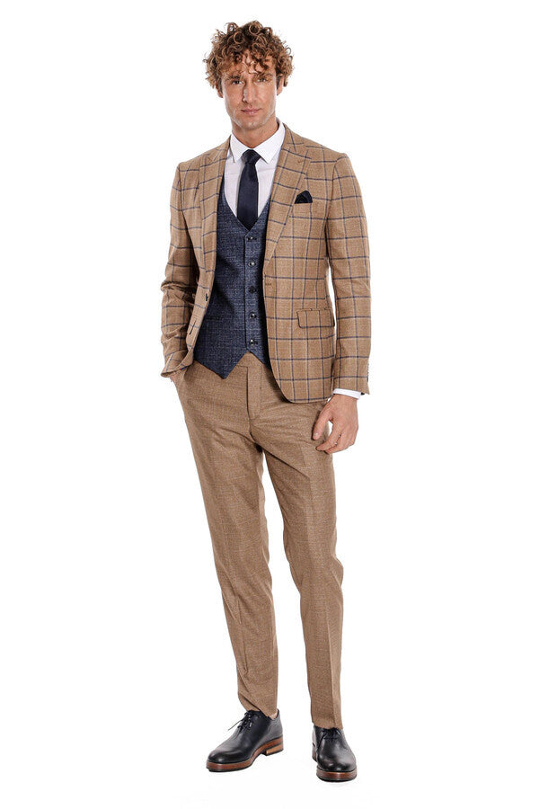 WSS Slim Fit Checked Patterned Brown Men Suit  - Palm Desert