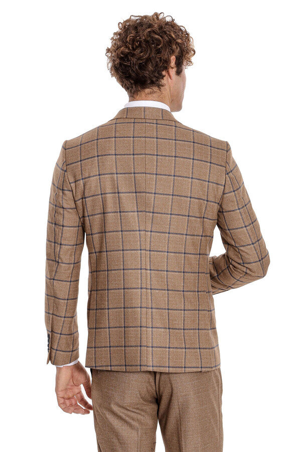 WSS Slim Fit Checked Patterned Brown Men Suit  - Palm Desert