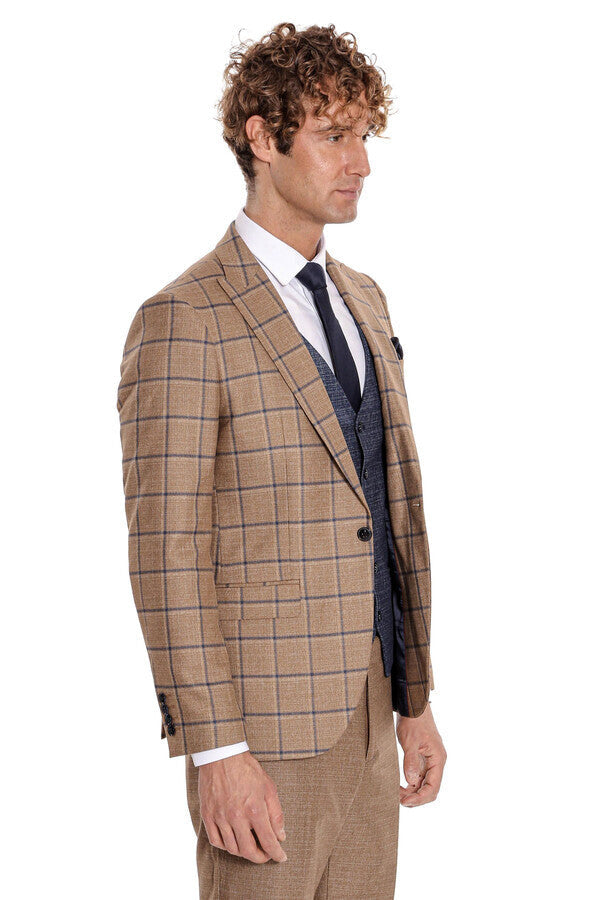 WSS Slim Fit Checked Patterned Brown Men Suit  - Palm Desert