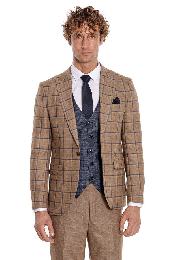 WSS Slim Fit Checked Patterned Brown Men Suit  - Palm Desert