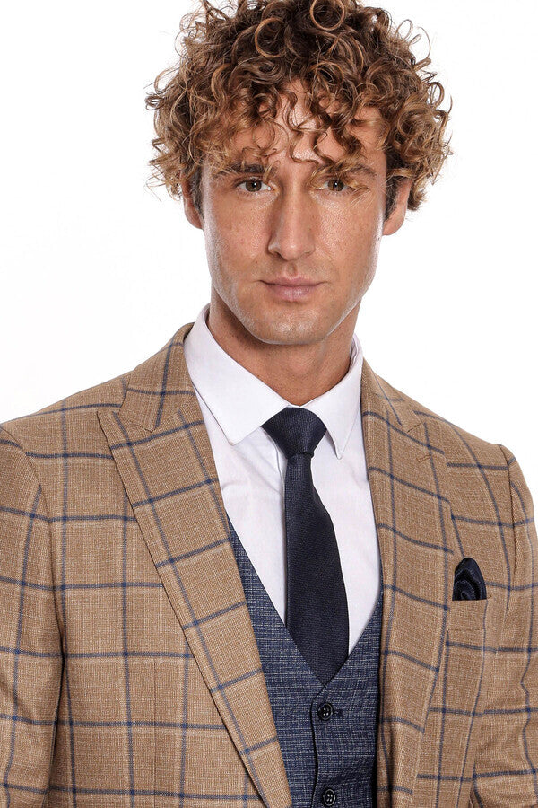 WSS Slim Fit Checked Patterned Brown Men Suit  - Palm Desert