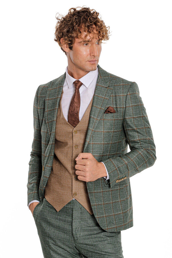WSS Slim Fit Checked Patterned Green Men Suit  - Perth Amboy