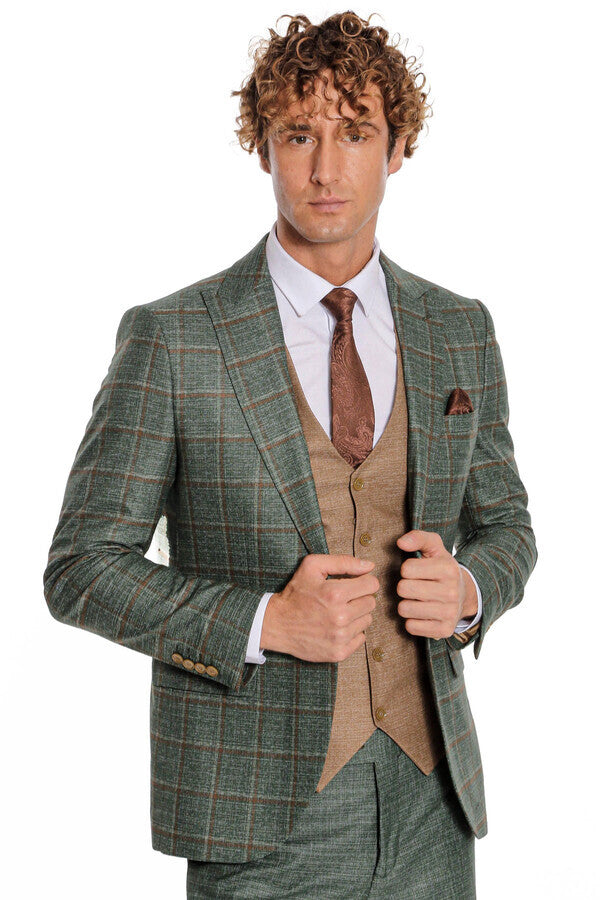 WSS Slim Fit Checked Patterned Green Men Suit  - Perth Amboy