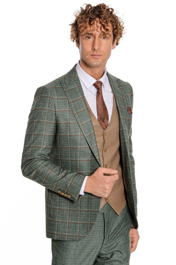 WSS Slim Fit Checked Patterned Green Men Suit  - Perth Amboy