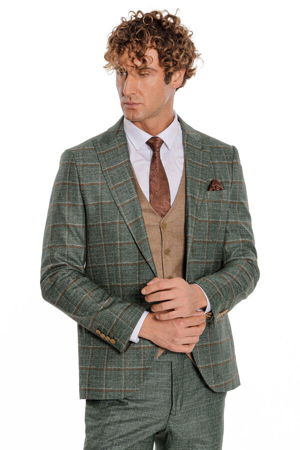 WSS Slim Fit Checked Patterned Green Men Suit  - Perth Amboy