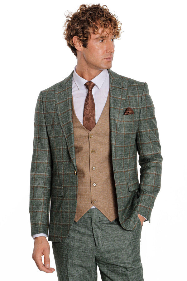 WSS Slim Fit Checked Patterned Green Men Suit  - Perth Amboy