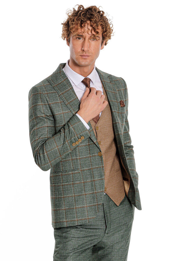 WSS Slim Fit Checked Patterned Green Men Suit  - Perth Amboy